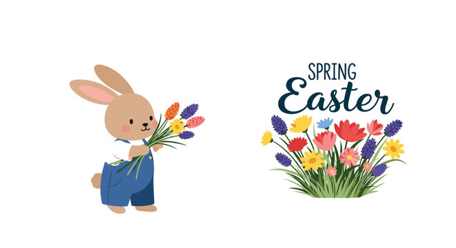 Sweet bunny character holding a colorful flower bouquet next to spring easter text with wild flowers in a grassy field.