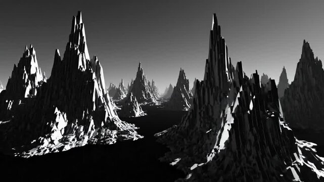 Monochrome landscape of an alien world with geometric spiky mountain peaks against a dark sky, cinematic abstract