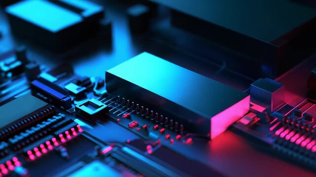Electronic circuit board components featuring a central processor and illuminated by vibrant neon lights, symbolizing modern connectivity, digital innovation, and advanced computing technology