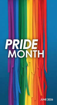 Rainbow colored ribbons cascade against a blue backdrop, with text "PRIDE MONTH" and "JUNE 2026" showcasing a celebration of identity and inclusivity, representing LGBTQ+ pride.