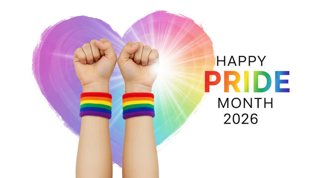 Two fists raised in celebration wearing rainbow wristbands against a vibrant rainbow heart, symbolizing Pride Month and LGBTQ+ pride.