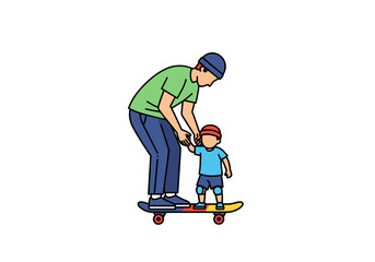 Fototapeta premium Illustration of a man teaching a child to ride a skateboard with safety gear.