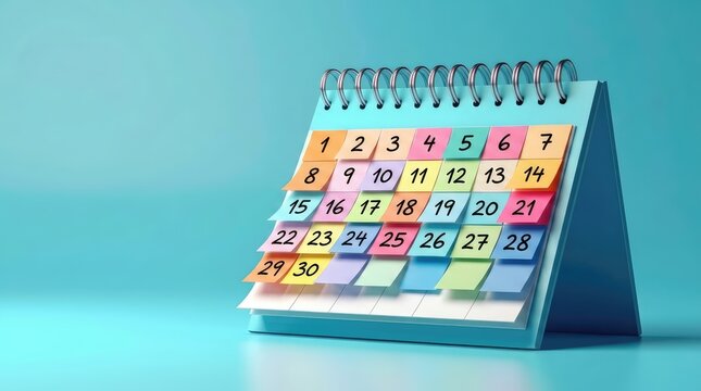 A colorful calendar displayed on a cyan surface with each date highlighted with vibrant color