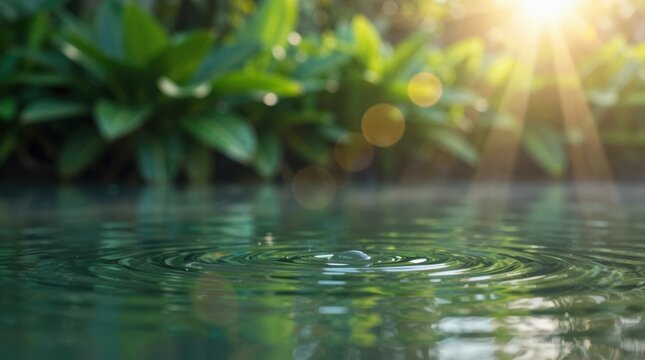 Water drops create ripples on the surface of a pond surrounded by green plants during sunset