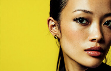 Naklejka premium Stylish Asian female model poses with modern makeup and smooth skin. Bright yellow tones create a bold fashion beauty portrait scene.