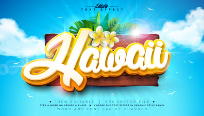 Hawaii Beach Summer Editable Text Effect Design Vector Graphic Style with Vacation Holiday Elements and Tropical Palm Leaves on Blue Cloudy Sky Background. Premium Typography Mockup Illustration © articular