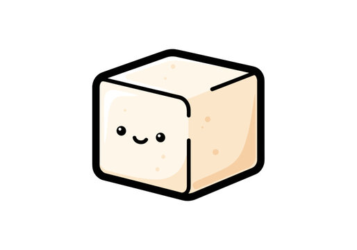 A cute cartoon cube with a smiley face on a white background in a flat 2D illustration style with a cheerful mood.