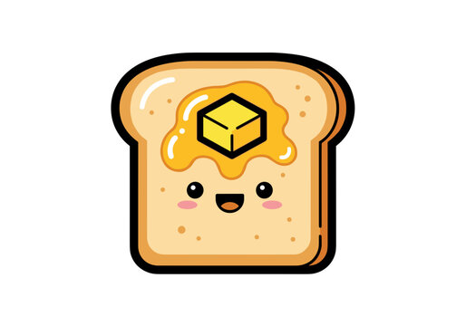 Digital illustration of a smiling toast cartoon character with butter and a cube on top against a clean white background.