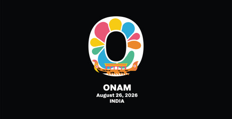 Fototapeta premium Onam festival logo with colorful flower design and boat illustration