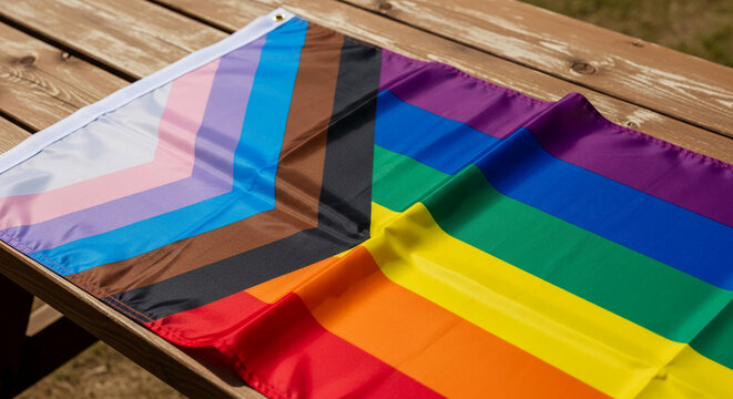 Diverse pride flag with rainbow and progress stripes, symbolizing inclusivity and LGBTQ+ representation on a wooden surface, representing equality.