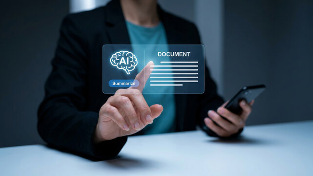 Ai summary document hologram touch screen modern business office. Summary AI, intelligence report management, document information innovation system analysis, automation, data, summarize
