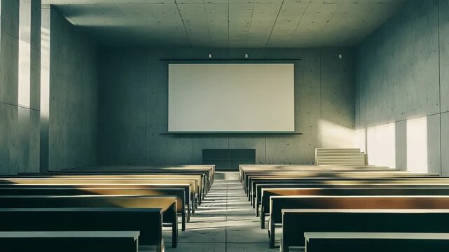 Empty minimalistic auditorium featuring concrete walls and rows of benches, contrasting with bright sunshine illuminating parts of the room, ready for educational presentations