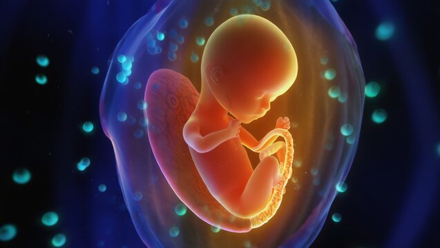 This depicts a fetus in the womb, showcasing a critical phase in human development, often achieved through IVF. The fetus is surrounded by amniotic fluid and emits a warm glow, highlighting its growth