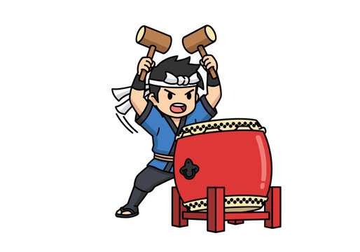 Cartoon Japanese drummer in blue outfit hitting a large red drum with two wooden mallets on a white background with dynamic motion and vibrant colors.