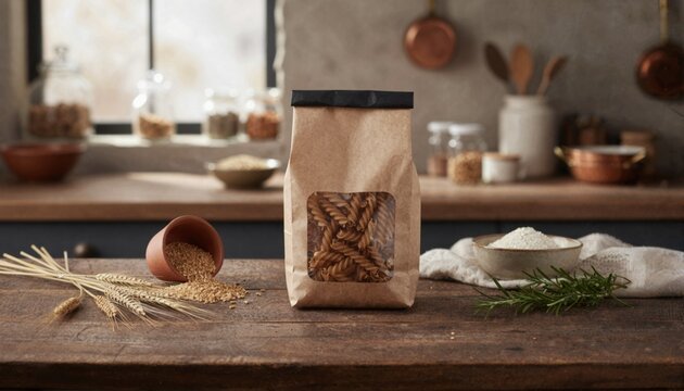 Spelt fusilli on rustic wood with raw ingredients