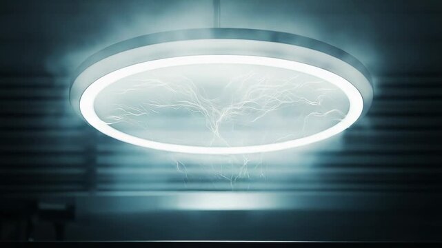 Futuristic circular ceiling light emitting electric plasma and steam, bathing a sterile lab or operating room in blue glow for advanced medical sterilization and research