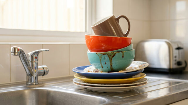 Messy dining table dirty dish stack. Messy dining table mess scrap, clutter, chaos cleanup waste dirty