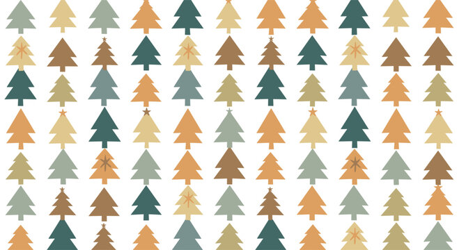 Seamless pattern of stylized pine trees in muted green and gold tones creating a simple and calm forest landscape background.
