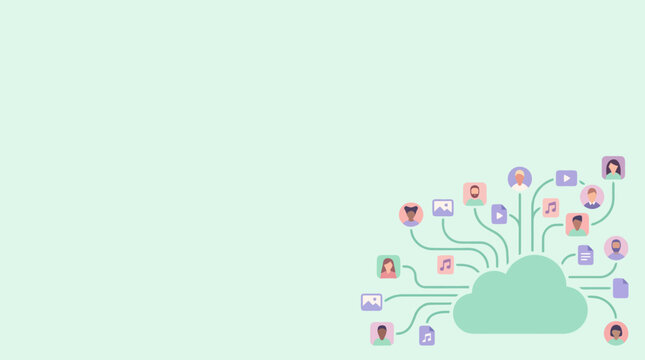 Illustration of a cloud connected to various digital devices and user icons, symbolizing cloud computing and data sharing.