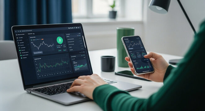 Online trading with laptop and mobile phone