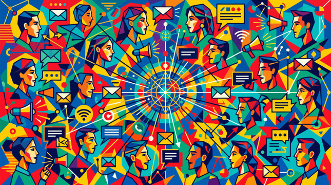 Vibrant illustration depicting a diverse group of people engaged in digital communication and social networking, connected by a central radiant network.