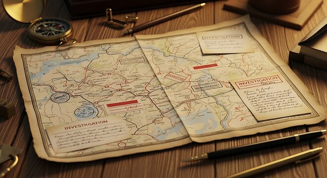 Old vintage paper map spread open on a rustic dark wooden desk with stationery items