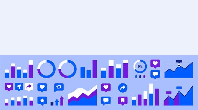 Collection of diverse blue and purple graphs, charts, and social media icons representing data analysis and digital engagement.