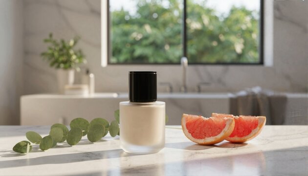 Woman in a silk robe holding a cosmetic bottle on a marble vanity with eucalyptus