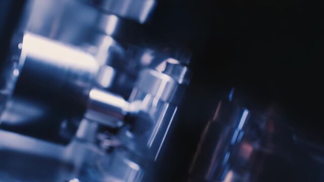 Close up of bright metallic engine components and precision machinery showcasing modern industrial technology, chrome parts, automation and robust manufacturing power in high tech detail