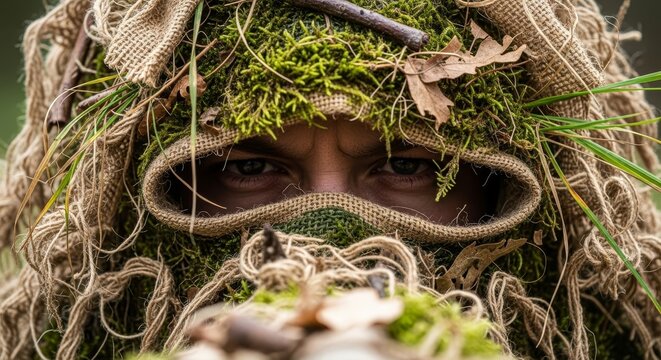 Close-up of a person wearing a military ghillie suit with eyes visible.