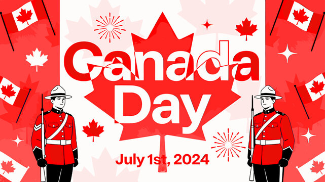 A vibrant red and white graphic celebrating Canada Day on July 1st, 2024, featuring a large maple leaf, fireworks, and two RCMP officers in red serge uniforms.