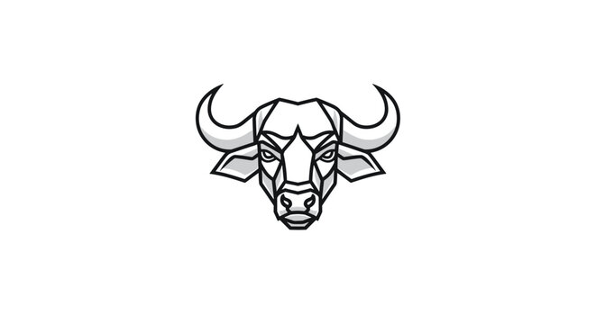 Stylized geometric buffalo head illustration in black and white with strong lines representing strength and power.