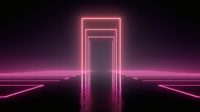 Abstract Geometric Neon Light Corridor: Sci-Fi Glow and Reflective Surface