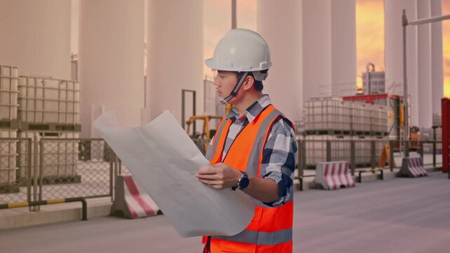 Side View Of Asian Male Engineer With Safety Helmet Looking At Blueprint In His Hands And Looking Around While Standing at Storage Facility with IBC Totes, Large Silos at Sunset