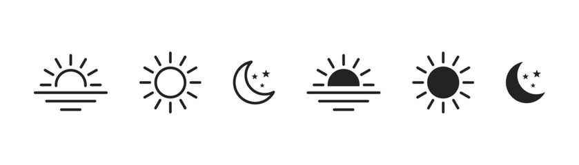 Fototapeta na wymiar Time of the day icon. Morning, noon, and nighttime icons. Sun, moon, and sunrise, icons vector illustration 