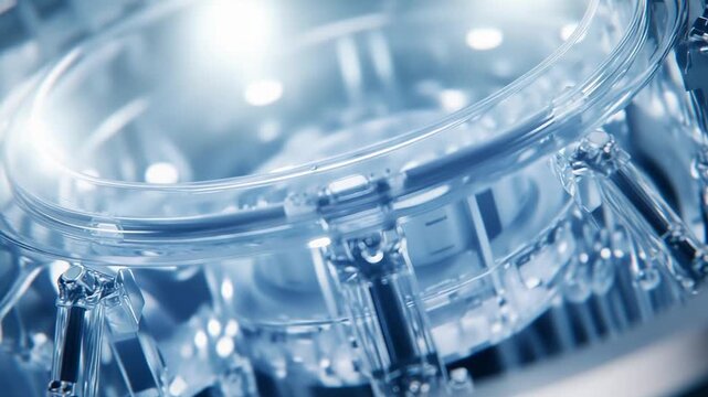Abstract blue white tech core with glowing glass and metallic components, intricate circular mechanics and reflective surfaces suggesting advanced ai, quantum and industrial systems
