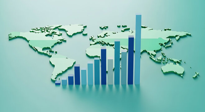 3 D World Map with Rising Blue Bar Graph Chart on Teal Background globe earth