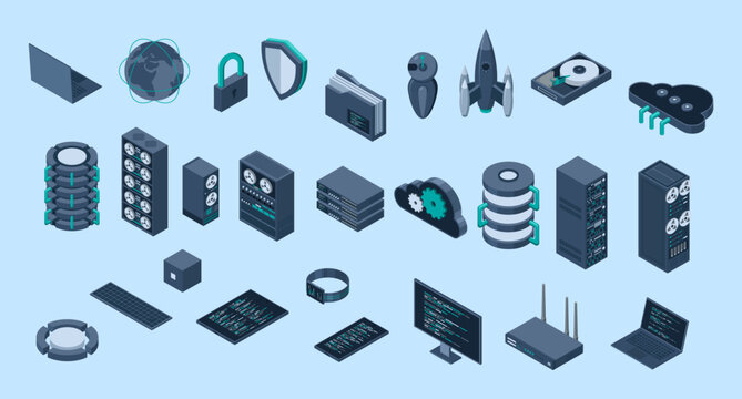 Set of isometric computer technology. Isometric set server equipment. Cloud network and database platform. Isometric technology