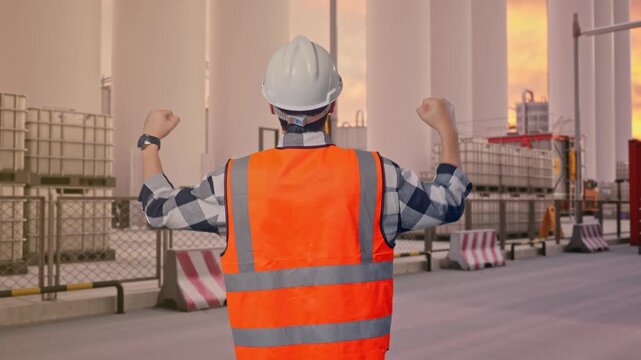 Back View Of A Male Engineer With Safety Helmet Raising His Hands Celebrating While Working at Storage Facility with IBC Totes, Large Silos at Sunset