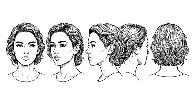 Woman face vector set multiple angle portrait line sketch collection