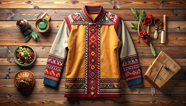 Ornate ethnic jacket with vibrant geometric patterns and traditional folk embroidery, laid flat on rustic wooden background with small decorative items