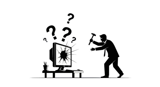 Businessman frustrated with technical problems smashing a computer.