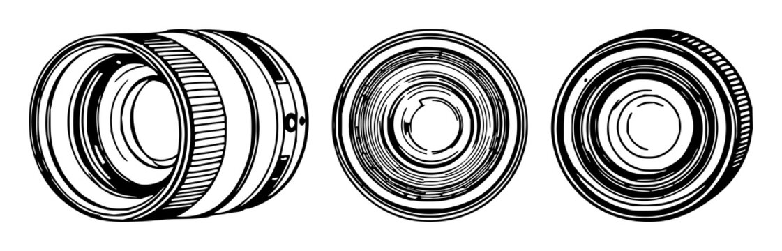 Camera lens set with black line art on white background featuring camera optics, photography equipment, graphic design with illustration and vector