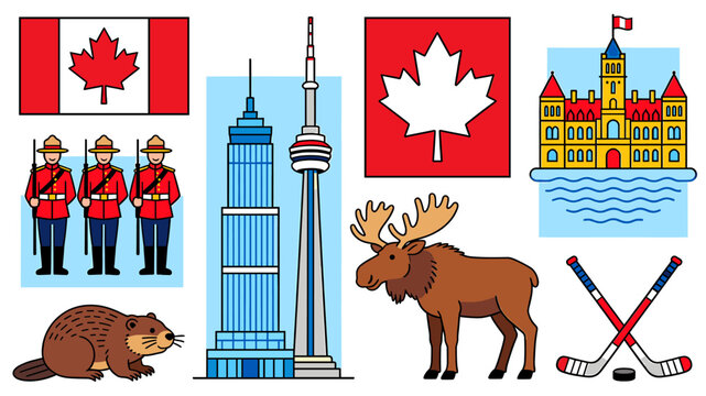 A collection of iconic Canadian symbols including the flag, RCMP, CN Tower, moose, beaver, and hockey sticks.
