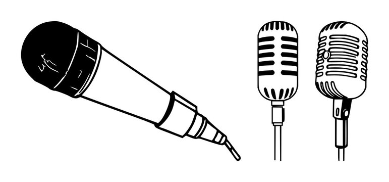 Microphone set with black line art on white background, simple and minimalist illustration featuring microphone, audio, music with recording and sound