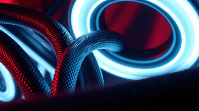 Abstract glowing tubes, red, blue hues. Complex interwoven shapes create futuristic visual impact. Dark background emphasizes luminosity.