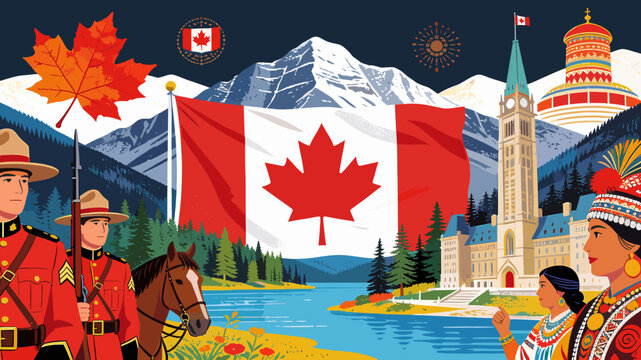 A vibrant illustration showcasing Canadian culture, featuring the national flag, majestic mountains, a serene river, RCMP officers, Parliament Hill, and Indigenous people, all under a clear sky.