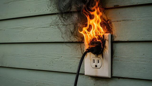Electrical outlet socket on fire with burning flames smoke from plugged cord on wooden wall, dangerous short circuit accident with home fire hazard safety warning