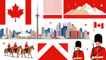 Naklejka premium Vibrant collage showcasing iconic Canadian symbols including the Maple Leaf flag, CN Tower, Mounties, and Royal Guards.