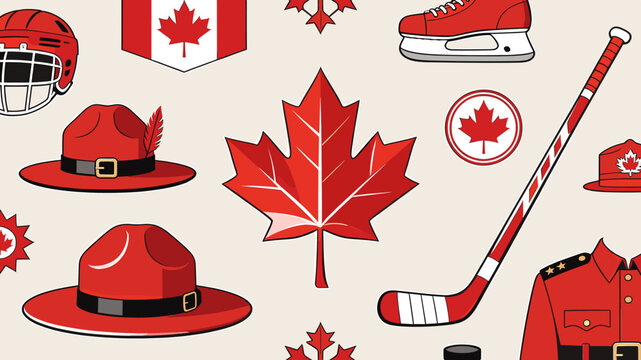 A vibrant collection of iconic Canadian symbols, including maple leaves, a hockey stick, a goalie mask, and RCMP hats, set against a neutral background.